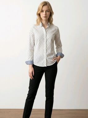NWT Chaps No Iron White Blouse with Navy Polka Dots And Gingham Sz S